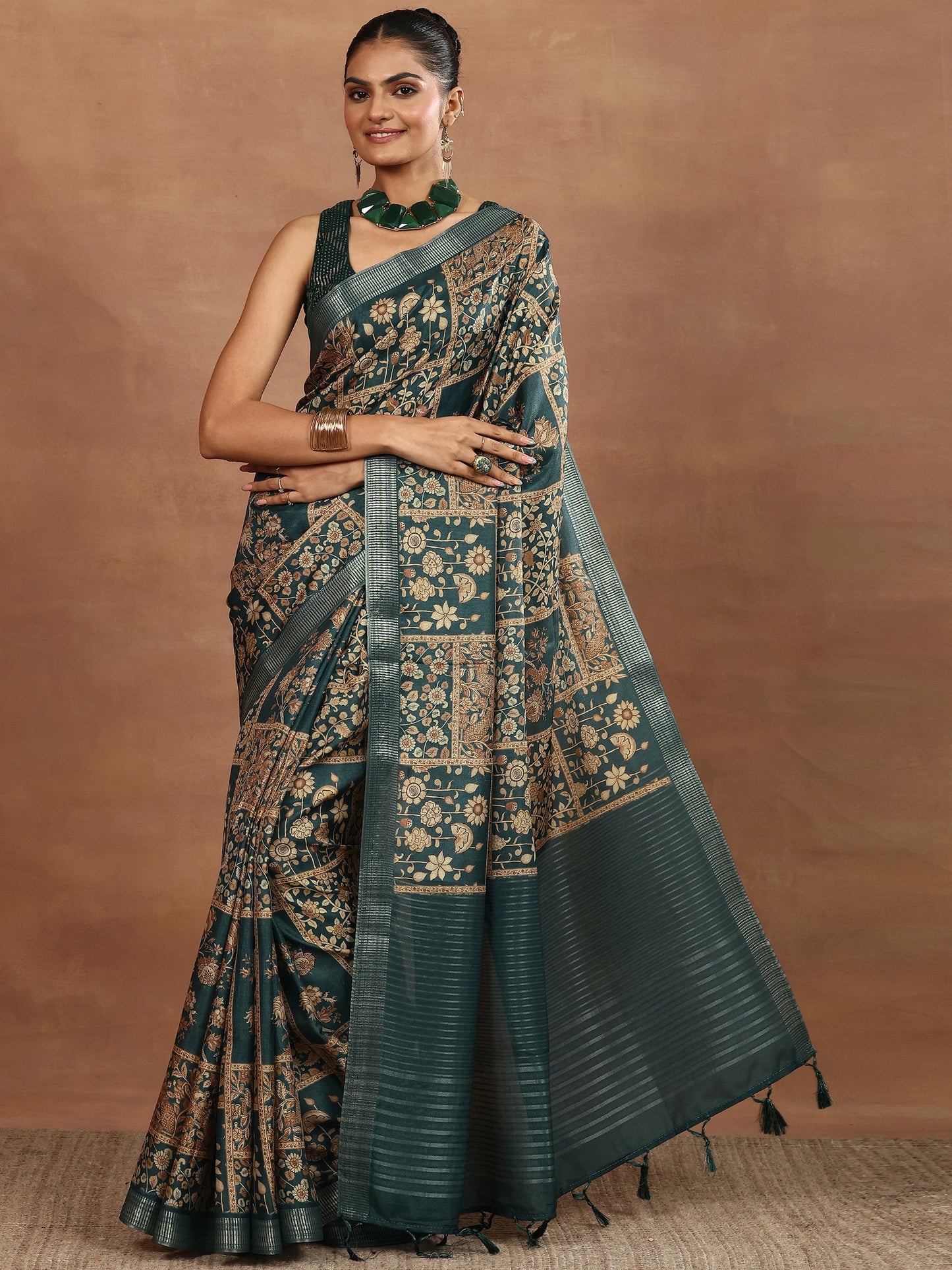 Blue Printed Silk Blend Sarees With Unstitched Blouse Piece