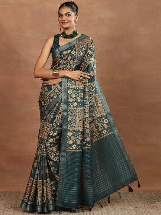 Blue Printed Silk Blend Sarees With Unstitched Blouse Piece