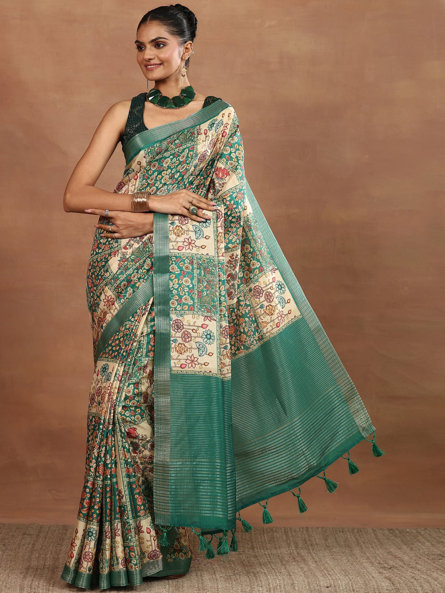 Green Printed Silk Blend Sarees With Unstitched Blouse Piece