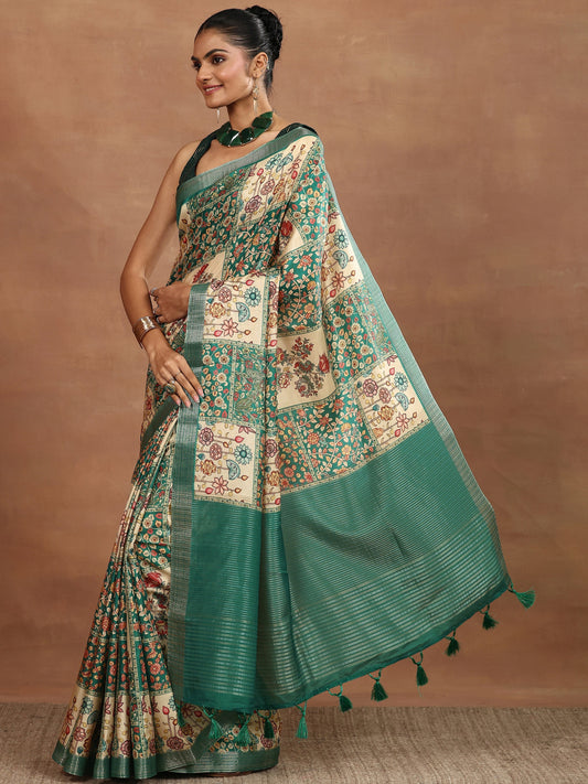 Green Printed Silk Blend Sarees With Unstitched Blouse Piece