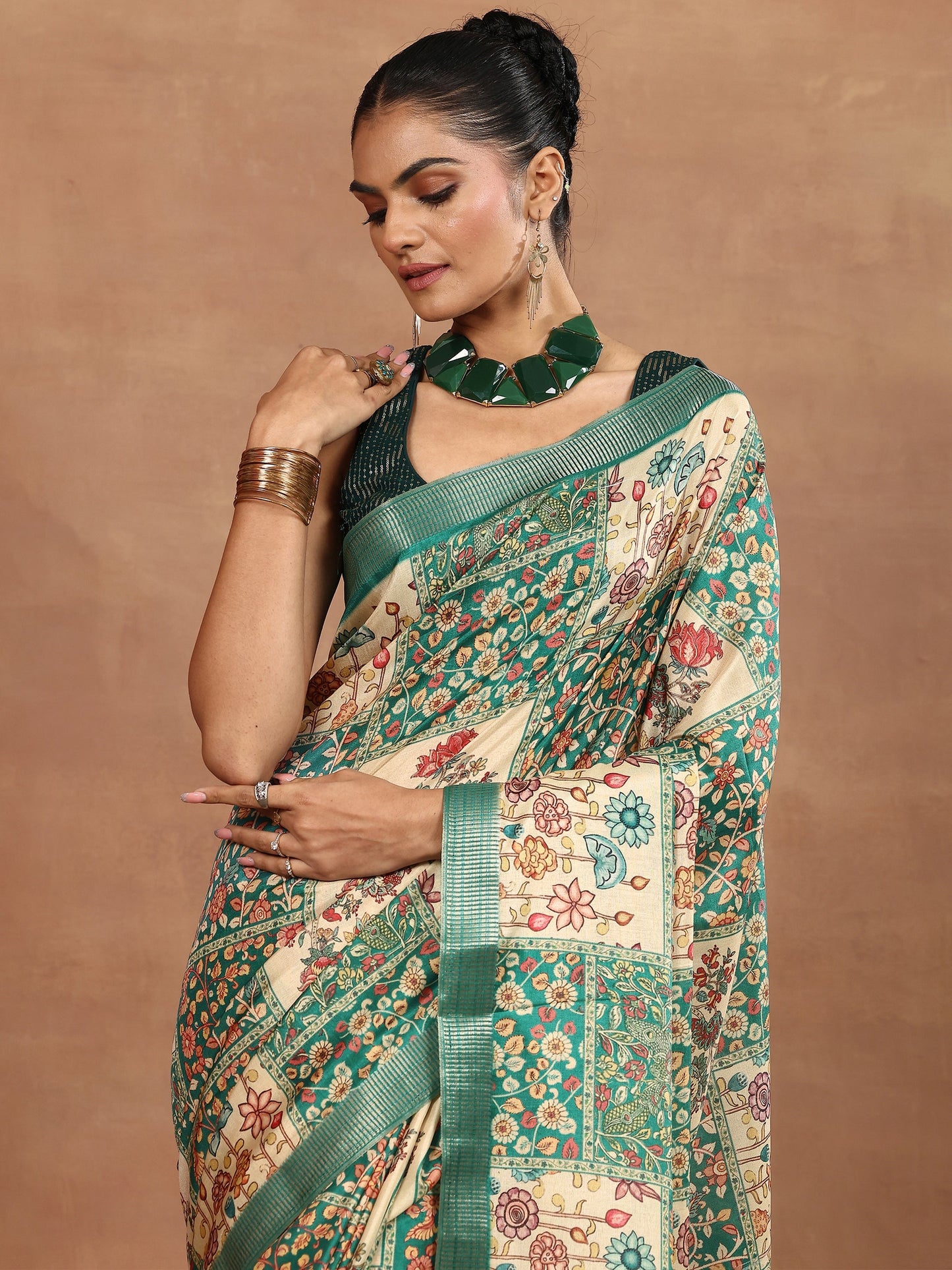 Green Printed Silk Blend Sarees With Unstitched Blouse Piece