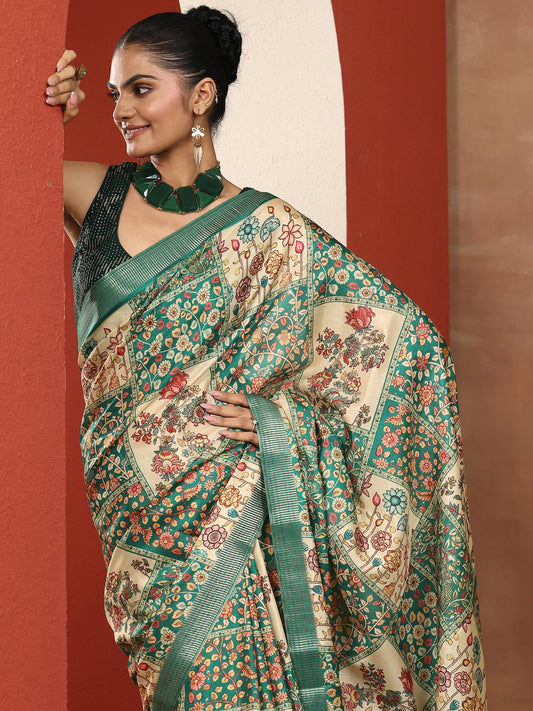 Green Printed Silk Blend Sarees With Unstitched Blouse Piece