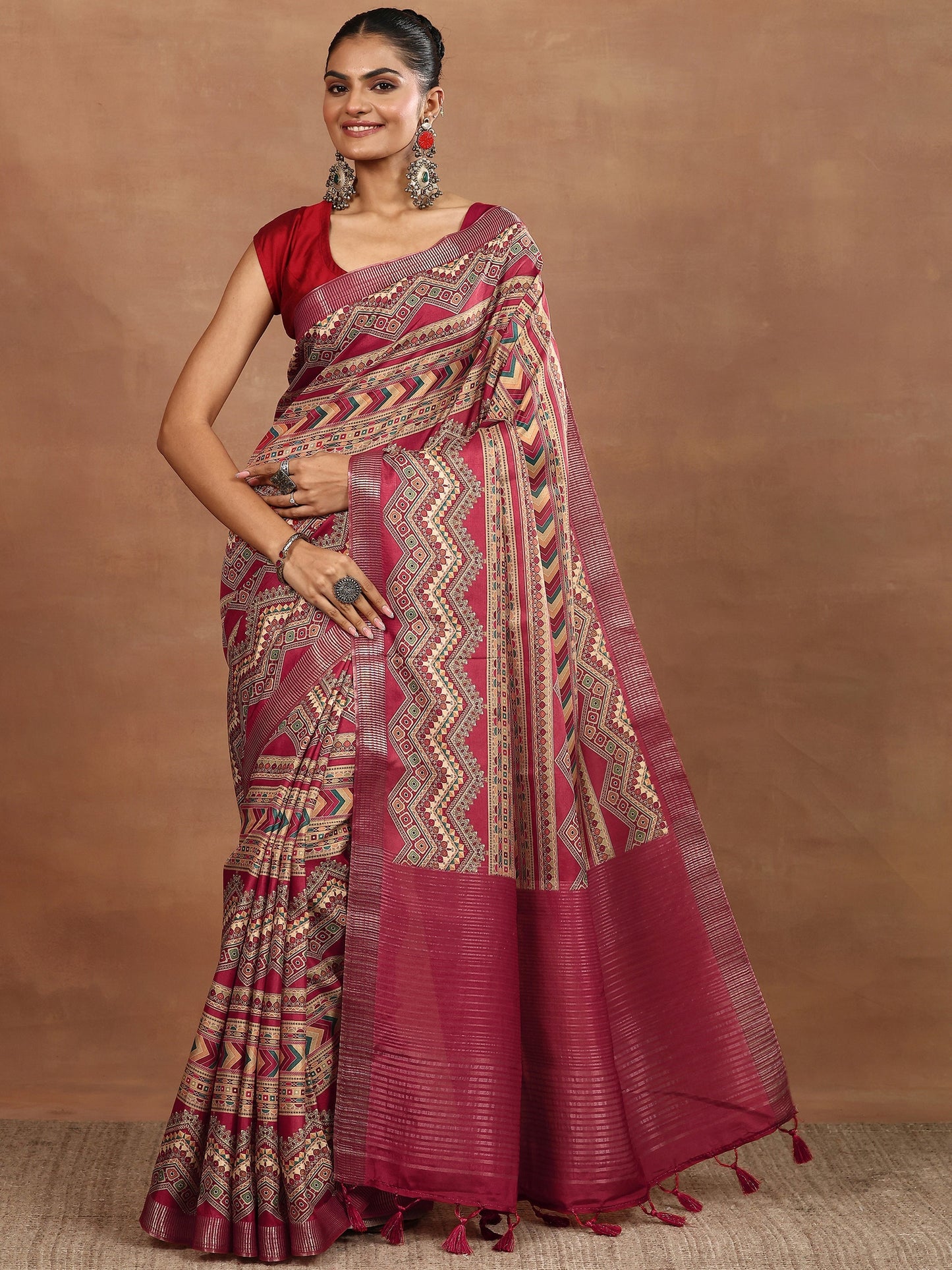 Red Printed Silk Blend Sarees With Unstitched Blouse Piece