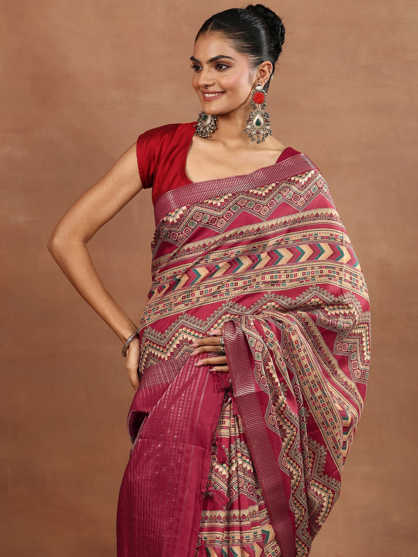 Red Printed Silk Blend Sarees With Unstitched Blouse Piece