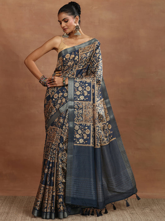 Grey Printed Silk Blend Sarees With Unstitched Blouse Piece