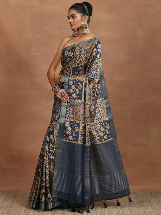 Grey Printed Silk Blend Sarees With Unstitched Blouse Piece