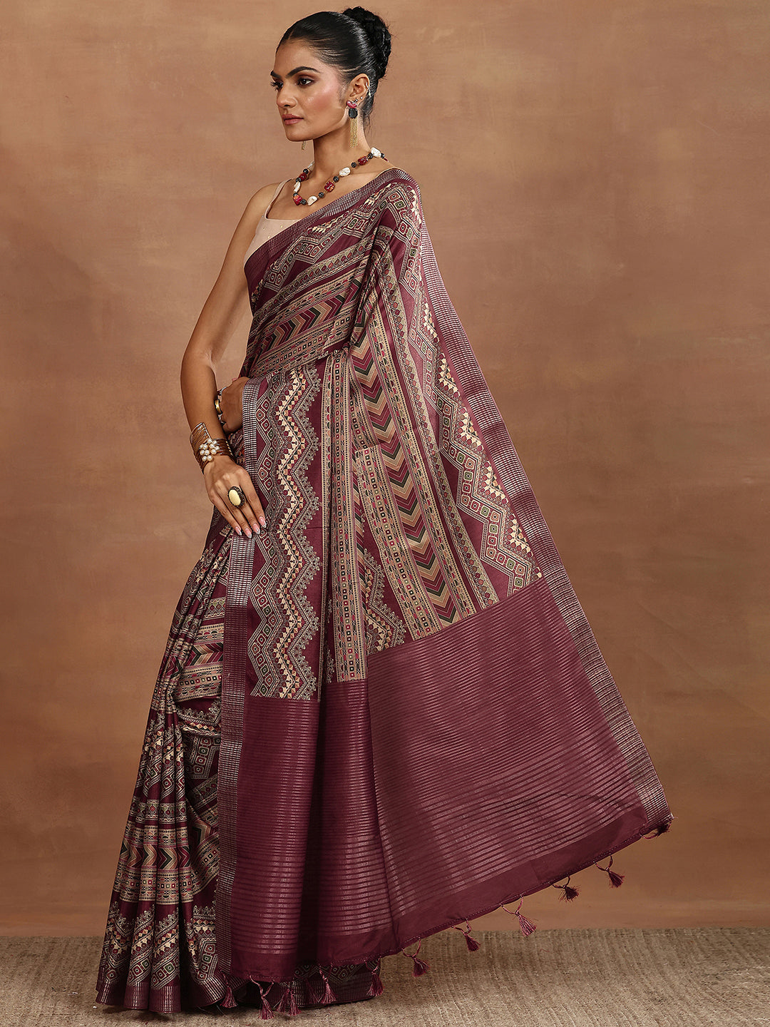 Maroon Printed Silk Blend Sarees With Unstitched Blouse Piece