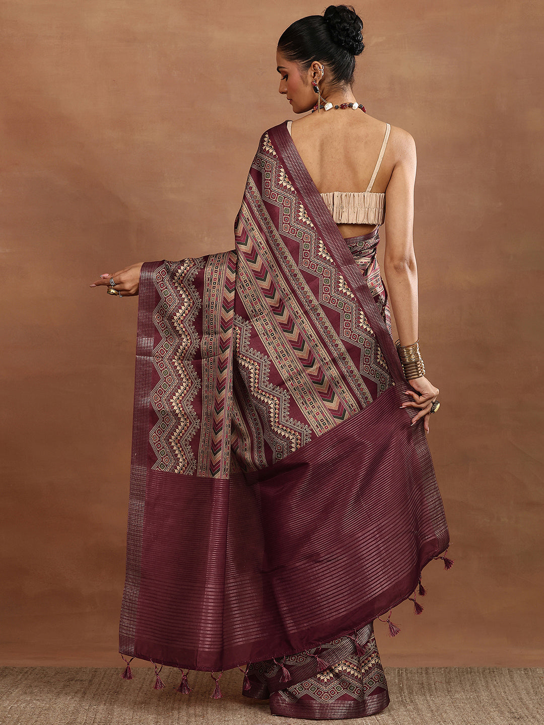 Maroon Printed Silk Blend Sarees With Unstitched Blouse Piece