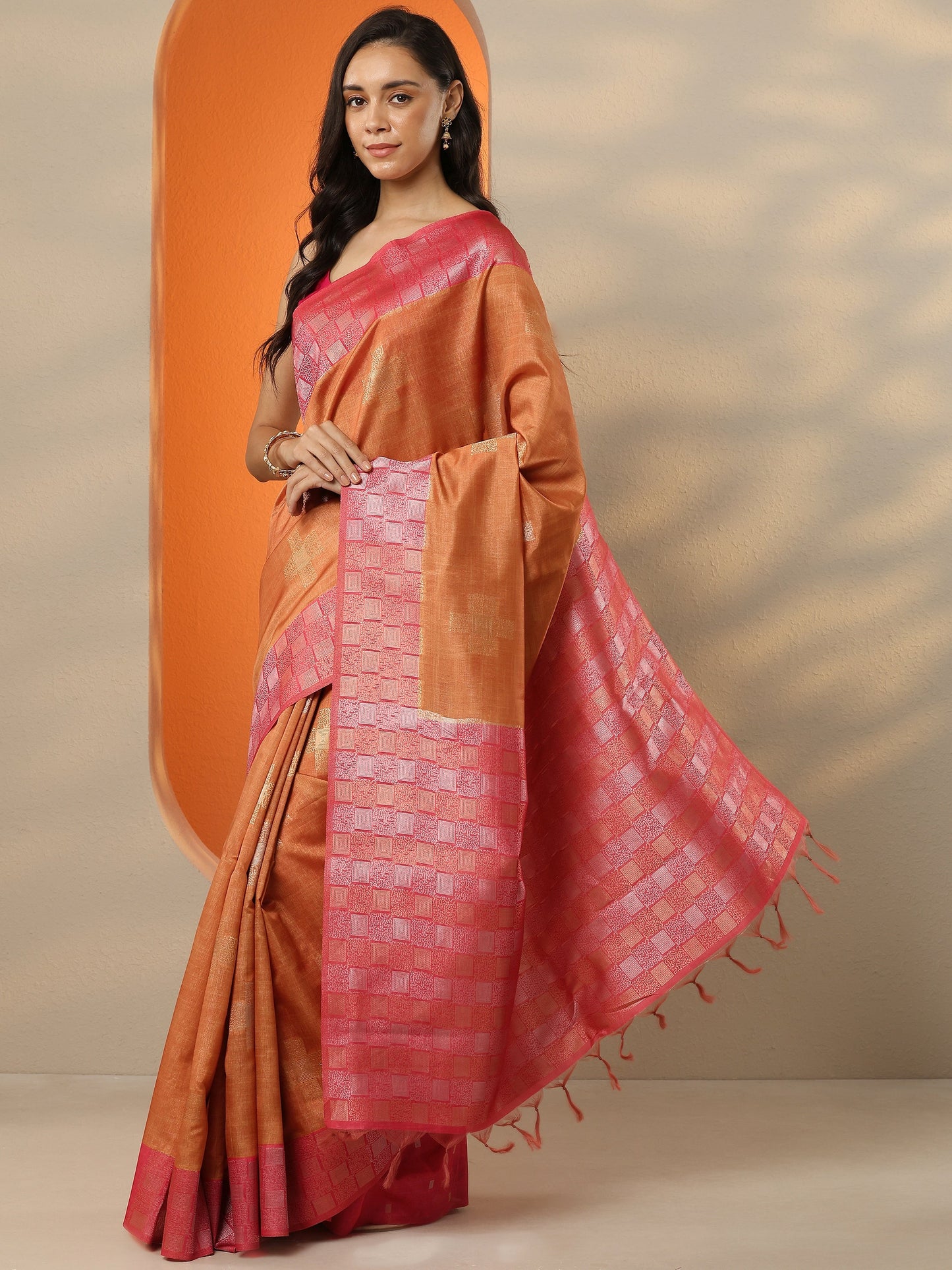 Orange Woven Design Silk Blend Saree With Unstitched Blouse Piece