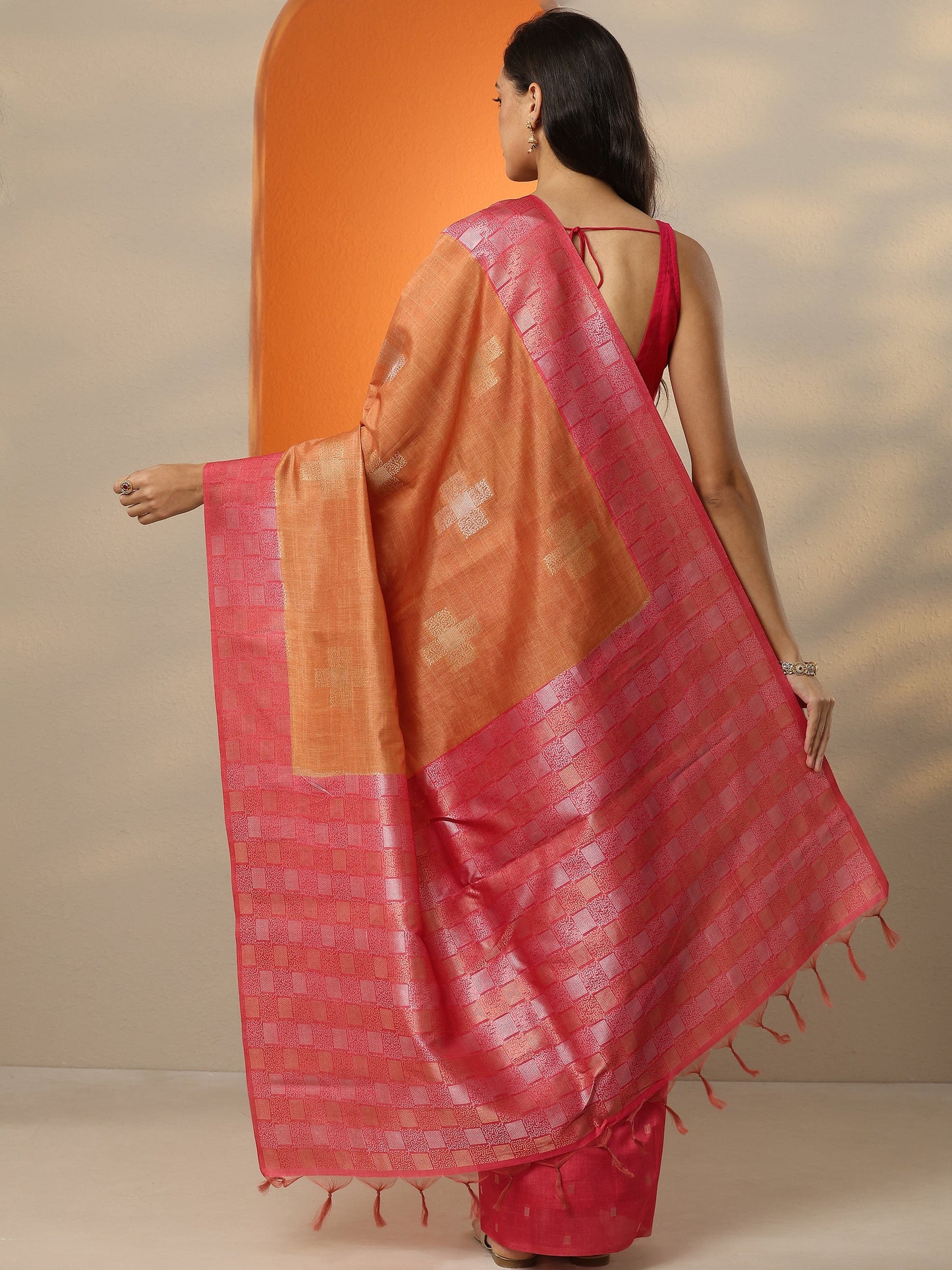 Orange Woven Design Silk Blend Saree With Unstitched Blouse Piece