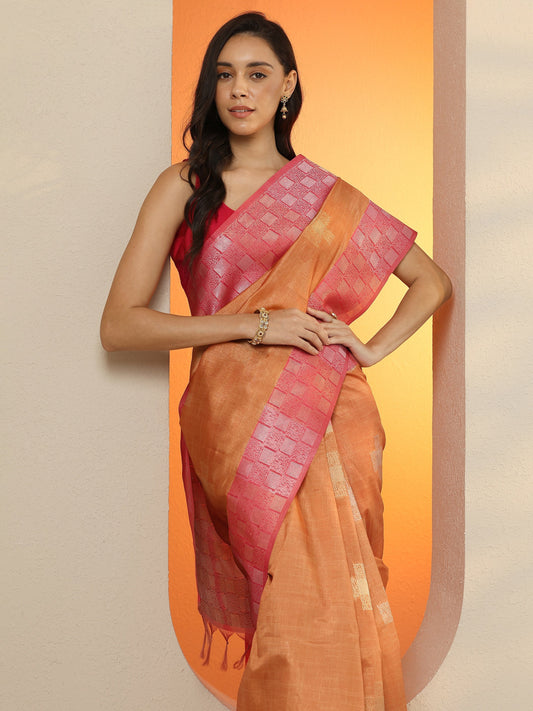 Orange Woven Design Silk Blend Saree With Unstitched Blouse Piece