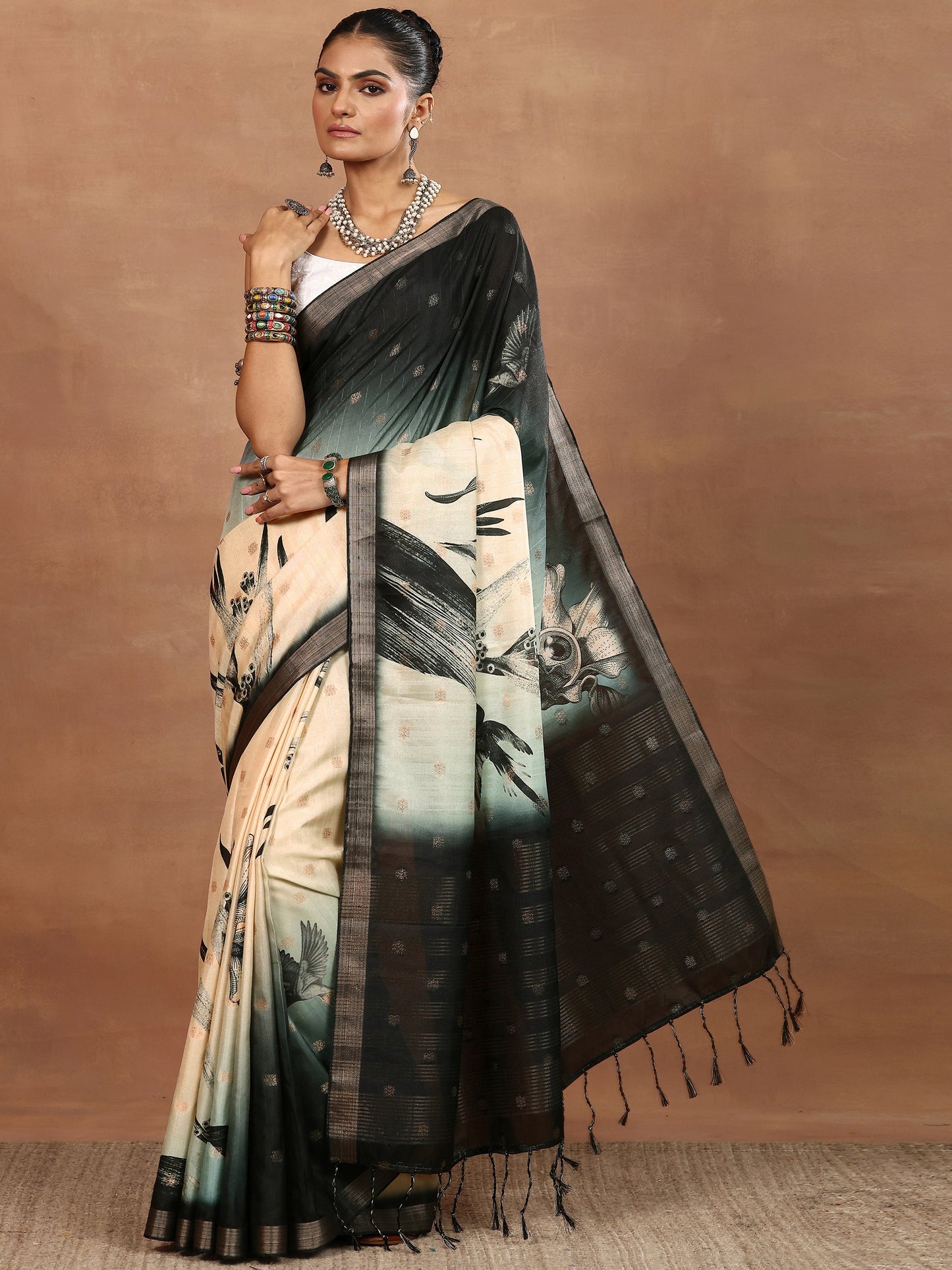 Beige Printed Silk Blend Sarees With Unstitched Blouse Piece