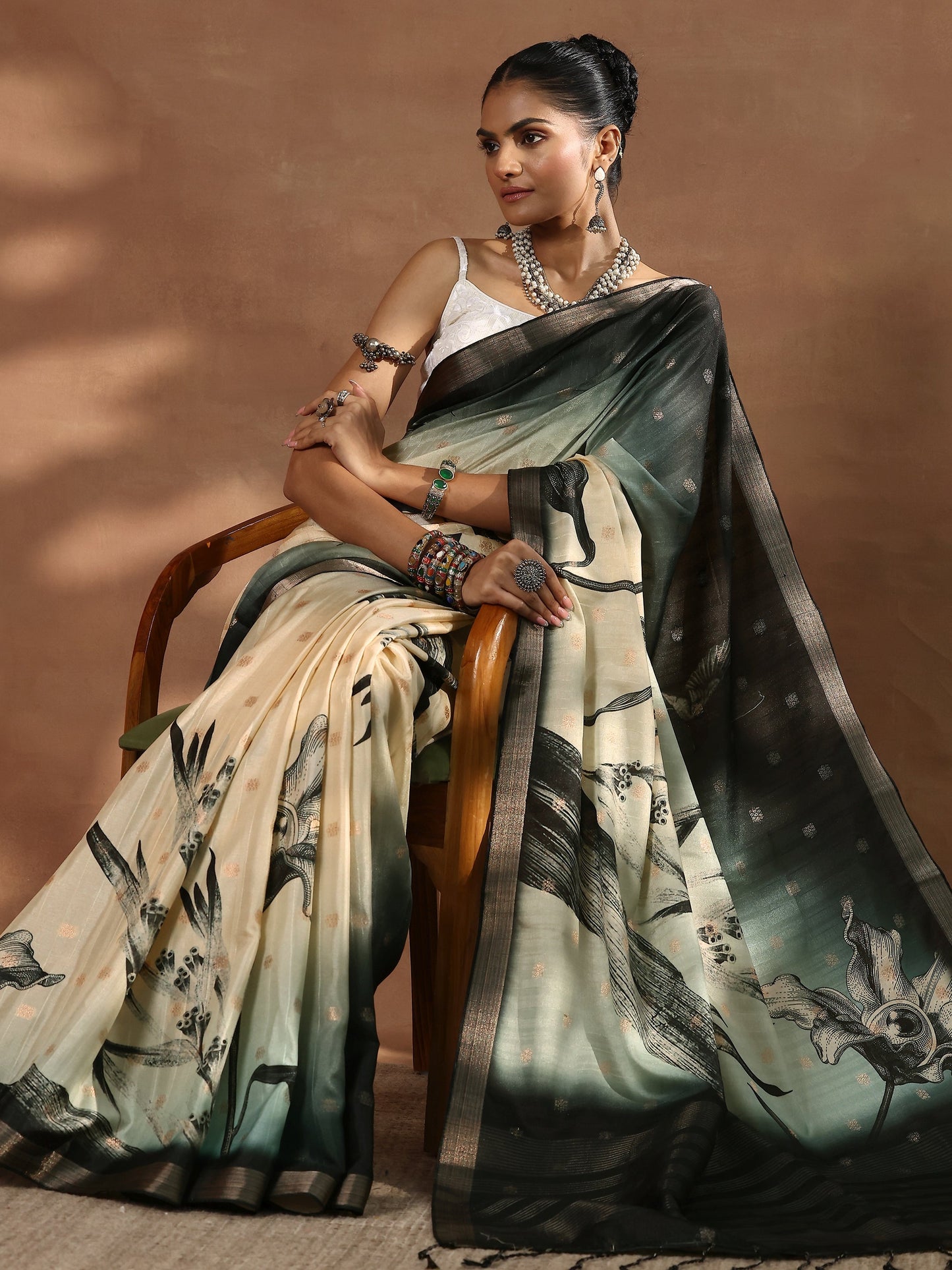 Beige Printed Silk Blend Sarees With Unstitched Blouse Piece
