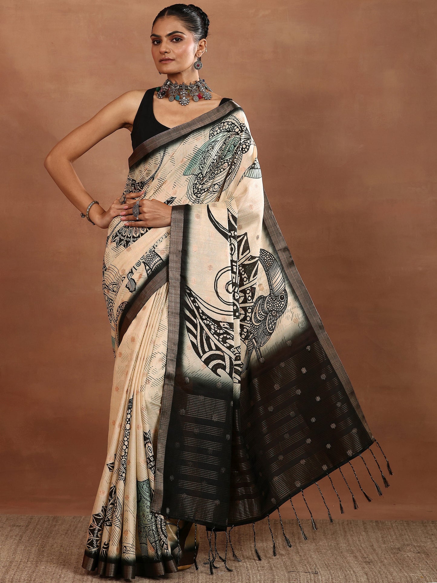 Beige Printed Silk Blend Sarees With Unstitched Blouse Piece