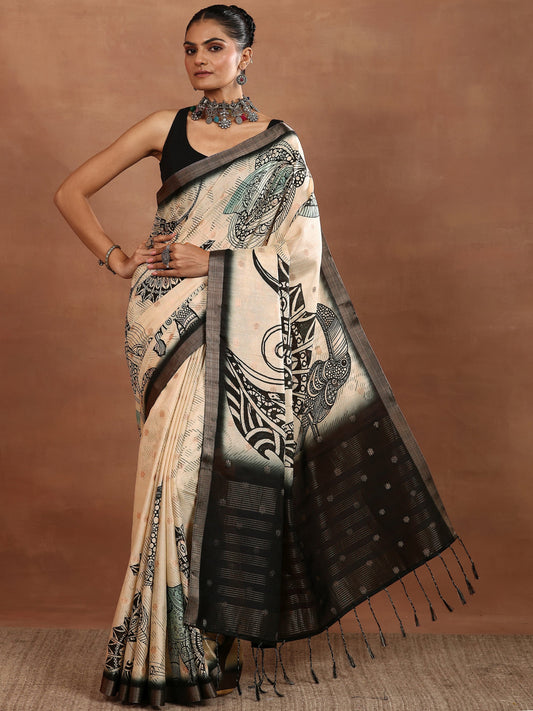 Beige Printed Silk Blend Sarees With Unstitched Blouse Piece