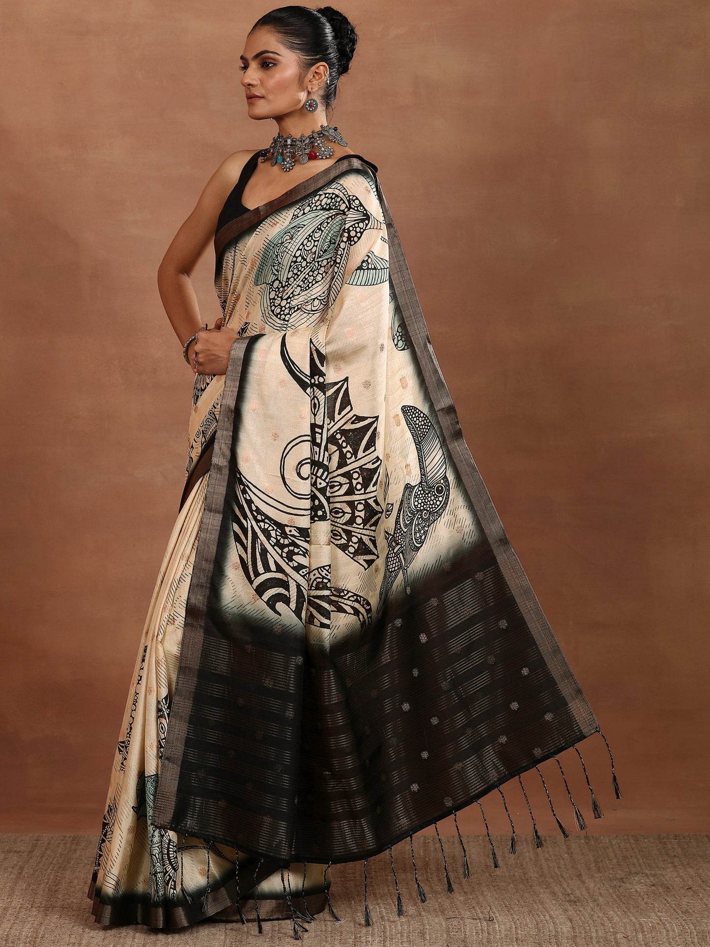 Beige Printed Silk Blend Sarees With Unstitched Blouse Piece