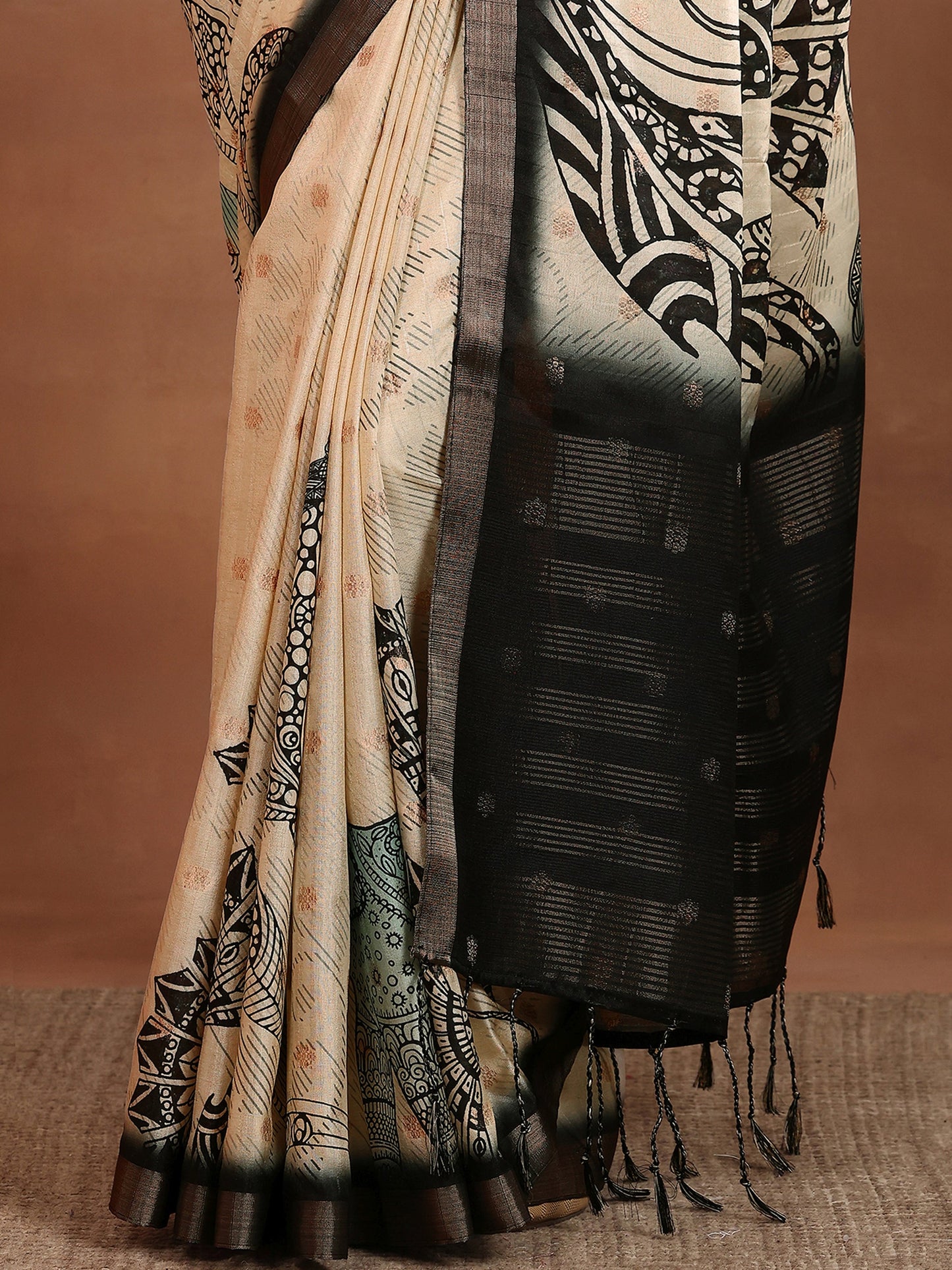 Beige Printed Silk Blend Sarees With Unstitched Blouse Piece