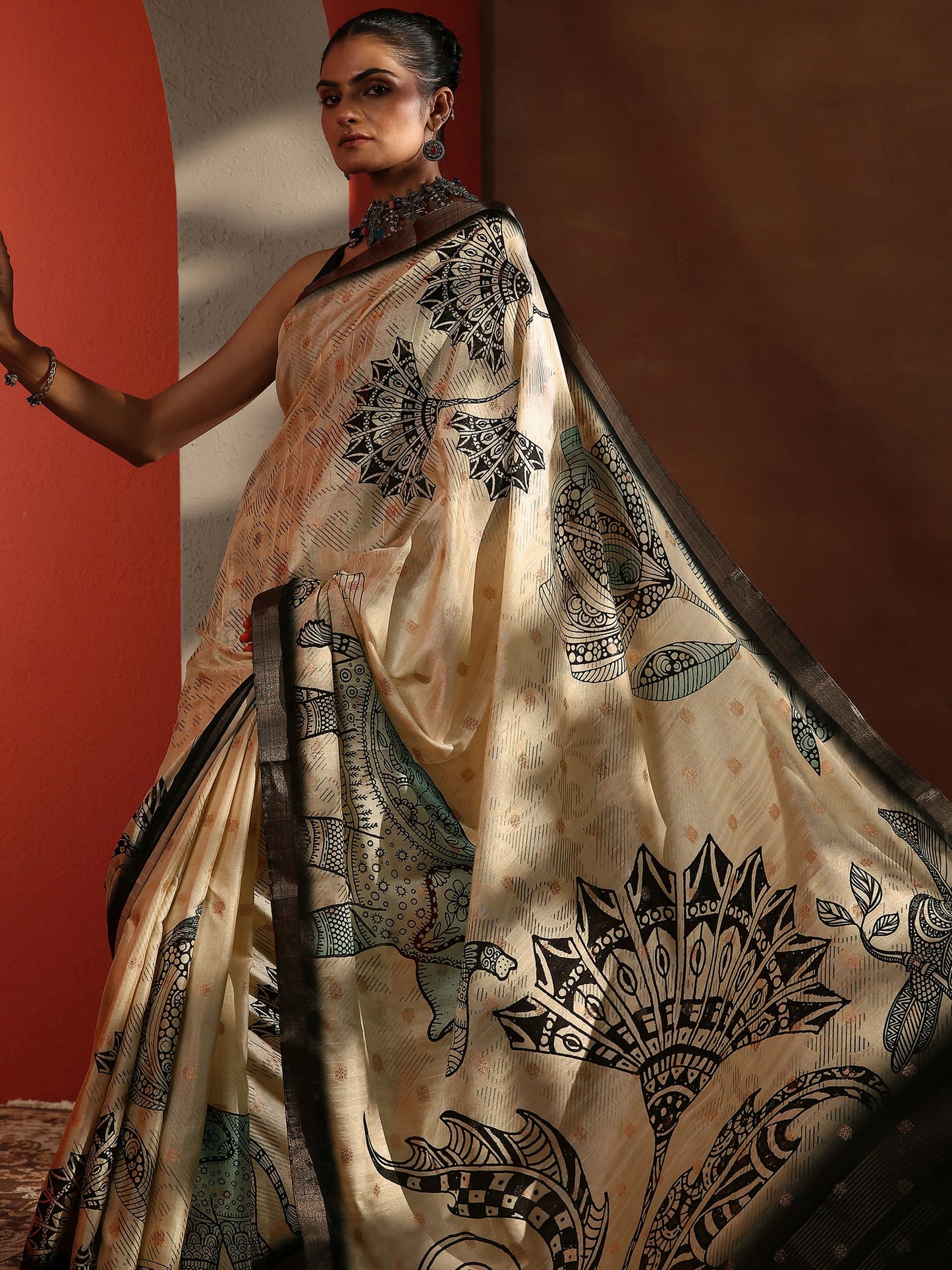 Beige Printed Silk Blend Sarees With Unstitched Blouse Piece