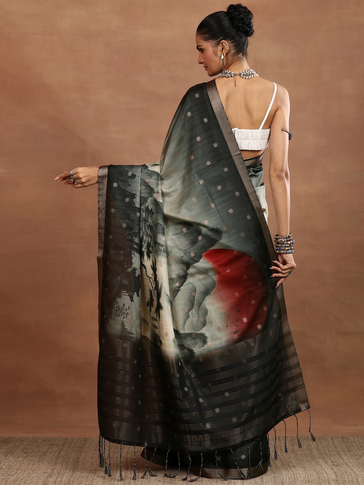 Beige Printed Silk Blend Sarees With Unstitched Blouse Piece