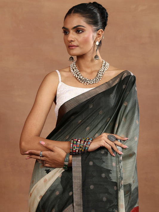 Beige Printed Silk Blend Sarees With Unstitched Blouse Piece