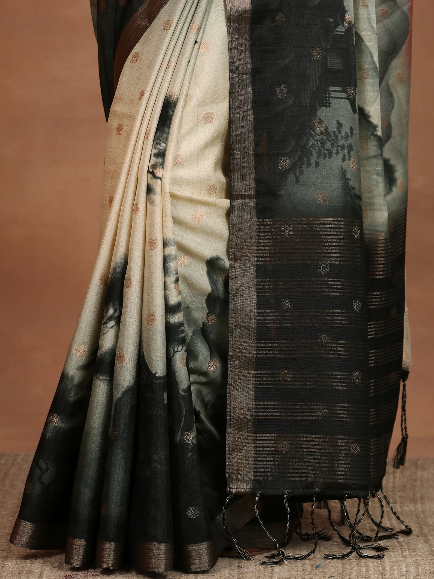 Beige Printed Silk Blend Sarees With Unstitched Blouse Piece