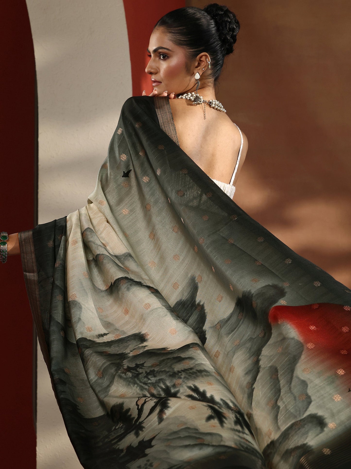 Beige Printed Silk Blend Sarees With Unstitched Blouse Piece