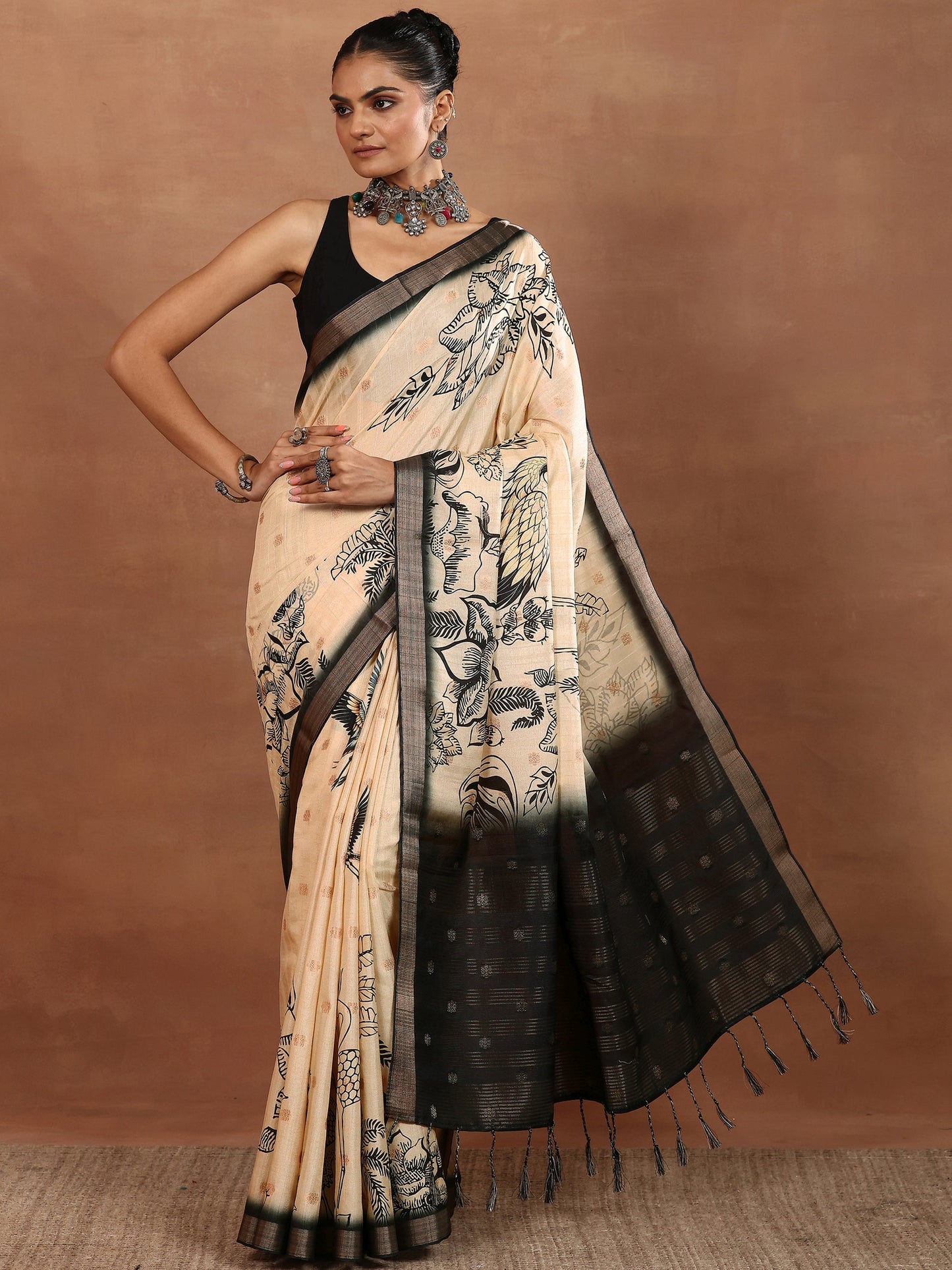 Beige Printed Silk Blend Sarees With Unstitched Blouse Piece