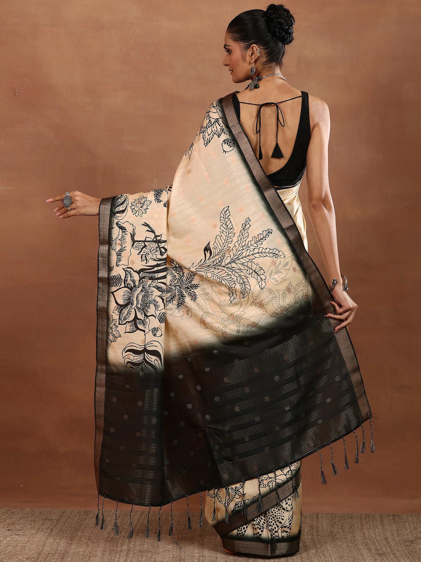 Beige Printed Silk Blend Sarees With Unstitched Blouse Piece