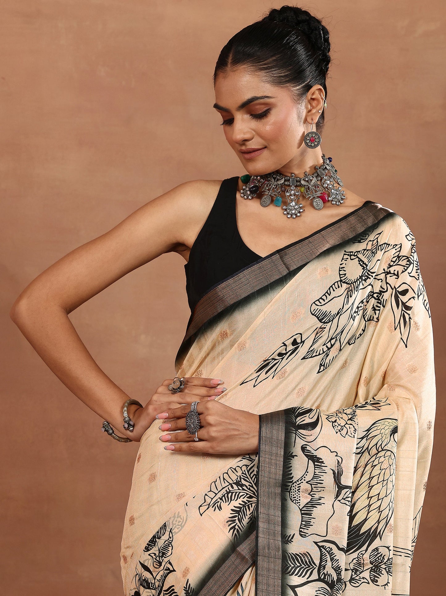 Beige Printed Silk Blend Sarees With Unstitched Blouse Piece