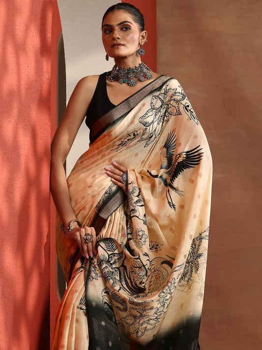 Beige Printed Silk Blend Sarees With Unstitched Blouse Piece
