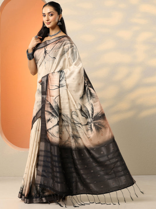 Beige Printed Silk Blend Saree With Unstitched Blouse Piece