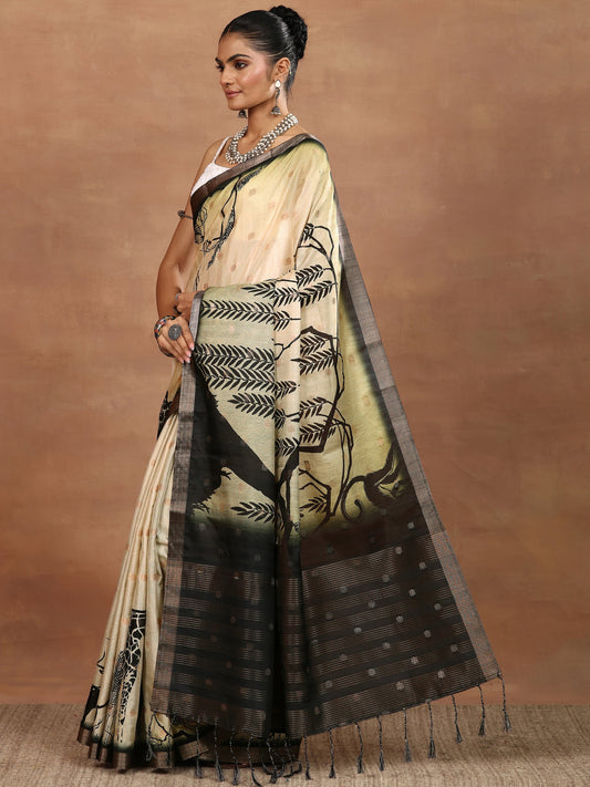 Beige Printed Silk Blend Sarees With Unstitched Blouse Piece