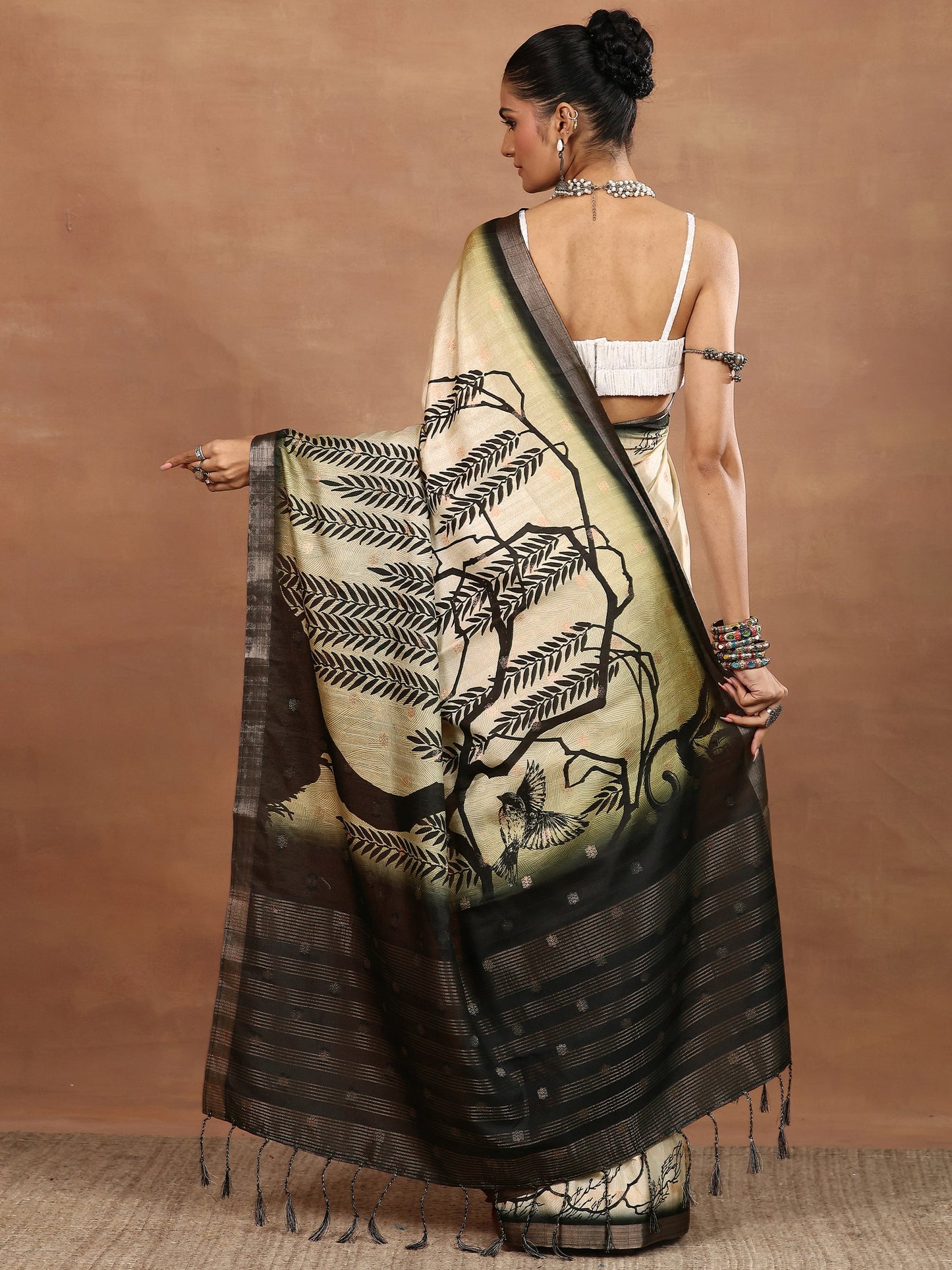 Beige Printed Silk Blend Sarees With Unstitched Blouse Piece