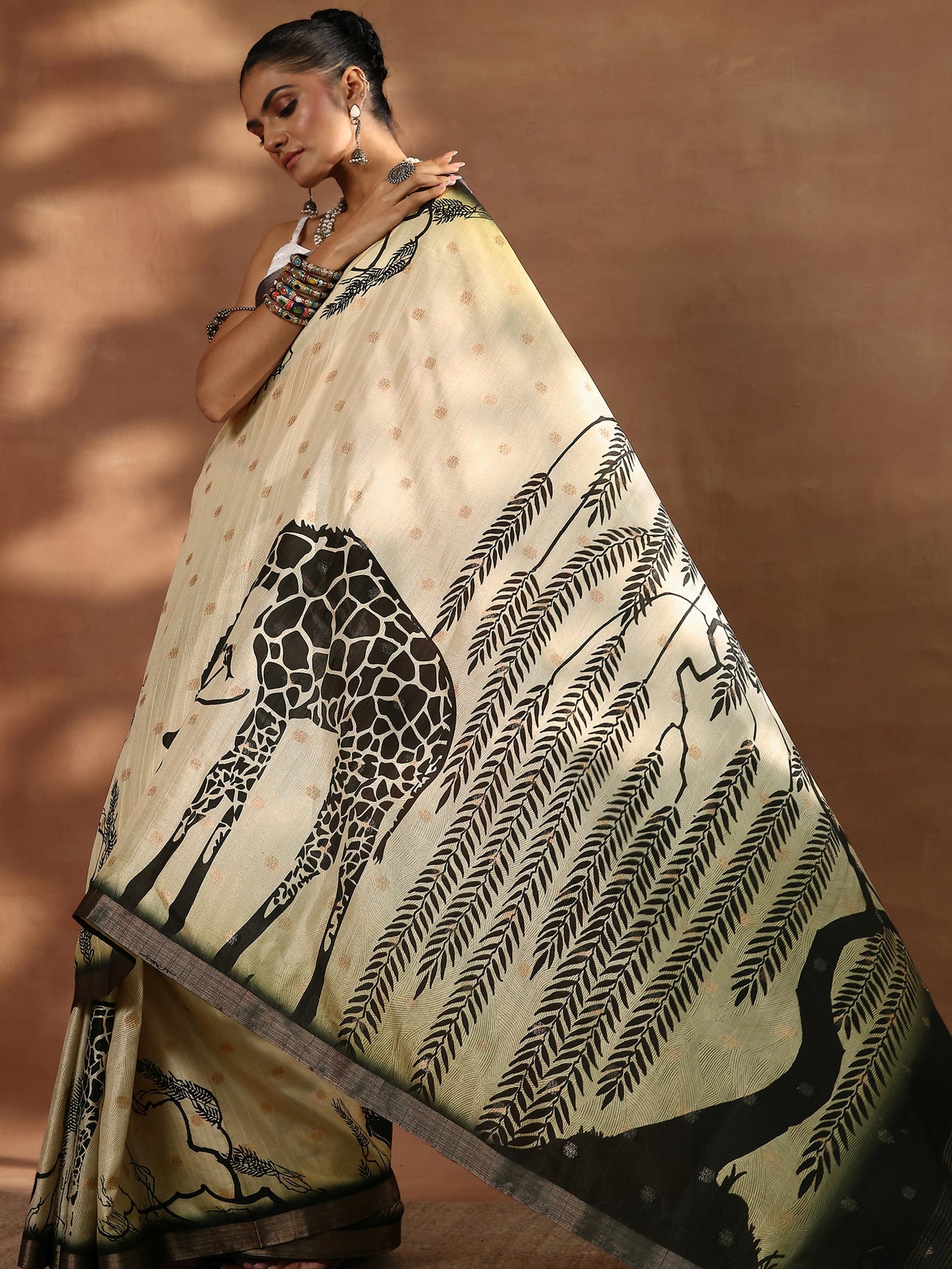 Beige Printed Silk Blend Sarees With Unstitched Blouse Piece
