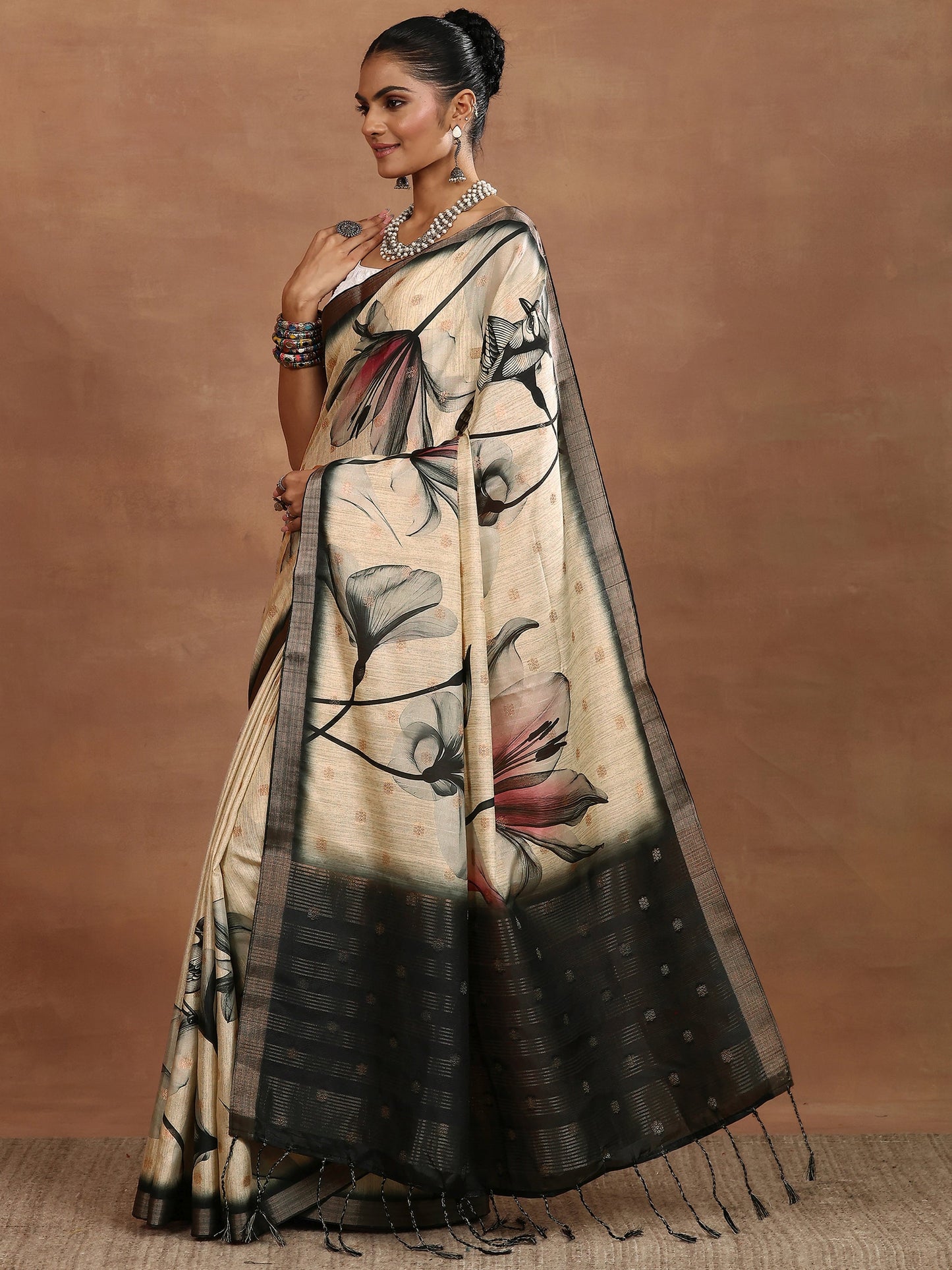 Beige Printed Silk Blend Sarees With Unstitched Blouse Piece