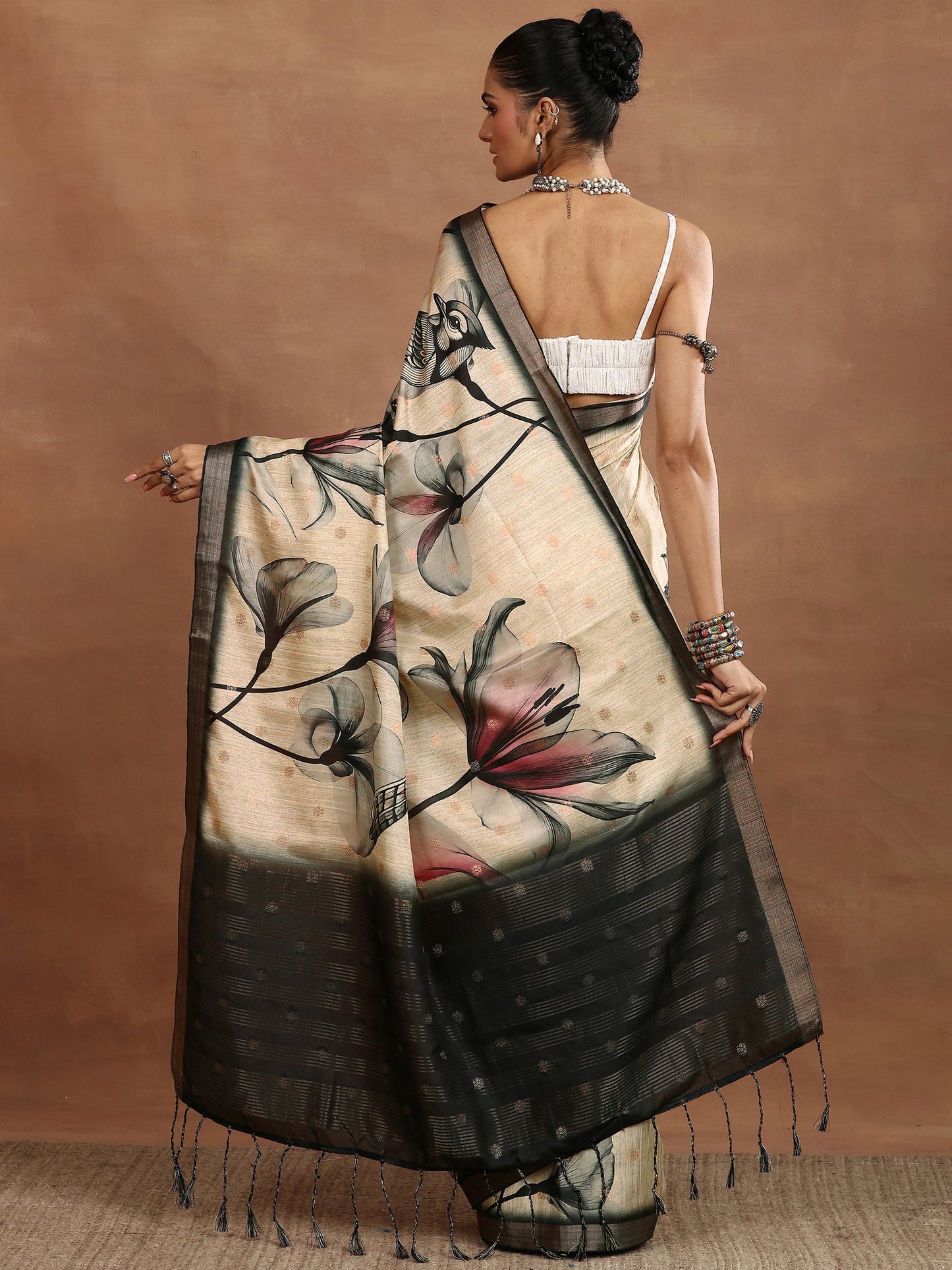 Beige Printed Silk Blend Sarees With Unstitched Blouse Piece