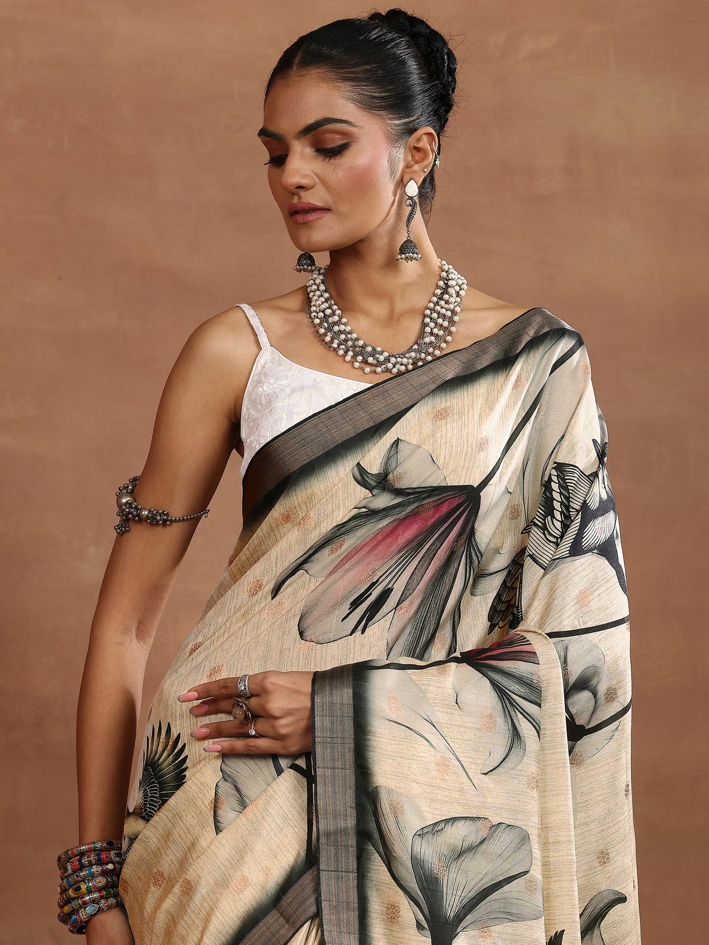 Beige Printed Silk Blend Sarees With Unstitched Blouse Piece