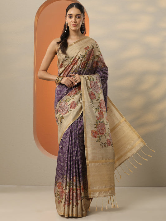 Purple Printed Silk Blend Saree With Unstitched Blouse Piece