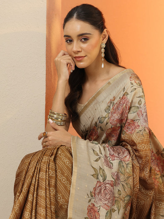 Mustard Printed Silk Blend Saree With Unstitched Blouse Piece