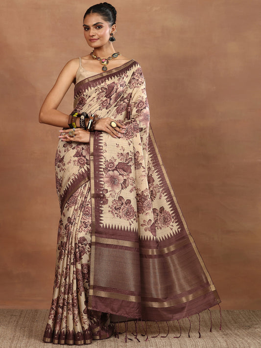 Beige Printed Silk Blend Sarees With Unstitched Blouse Piece