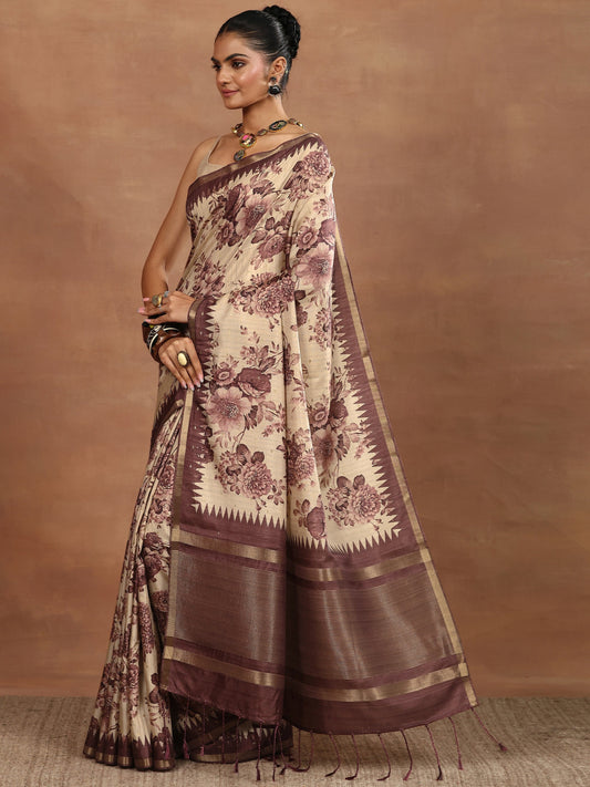 Beige Printed Silk Blend Sarees With Unstitched Blouse Piece