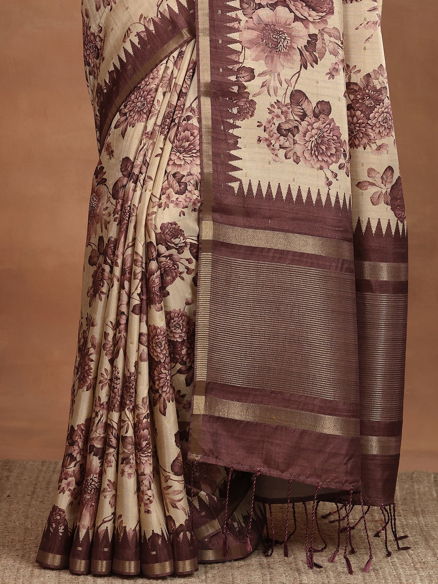 Beige Printed Silk Blend Sarees With Unstitched Blouse Piece