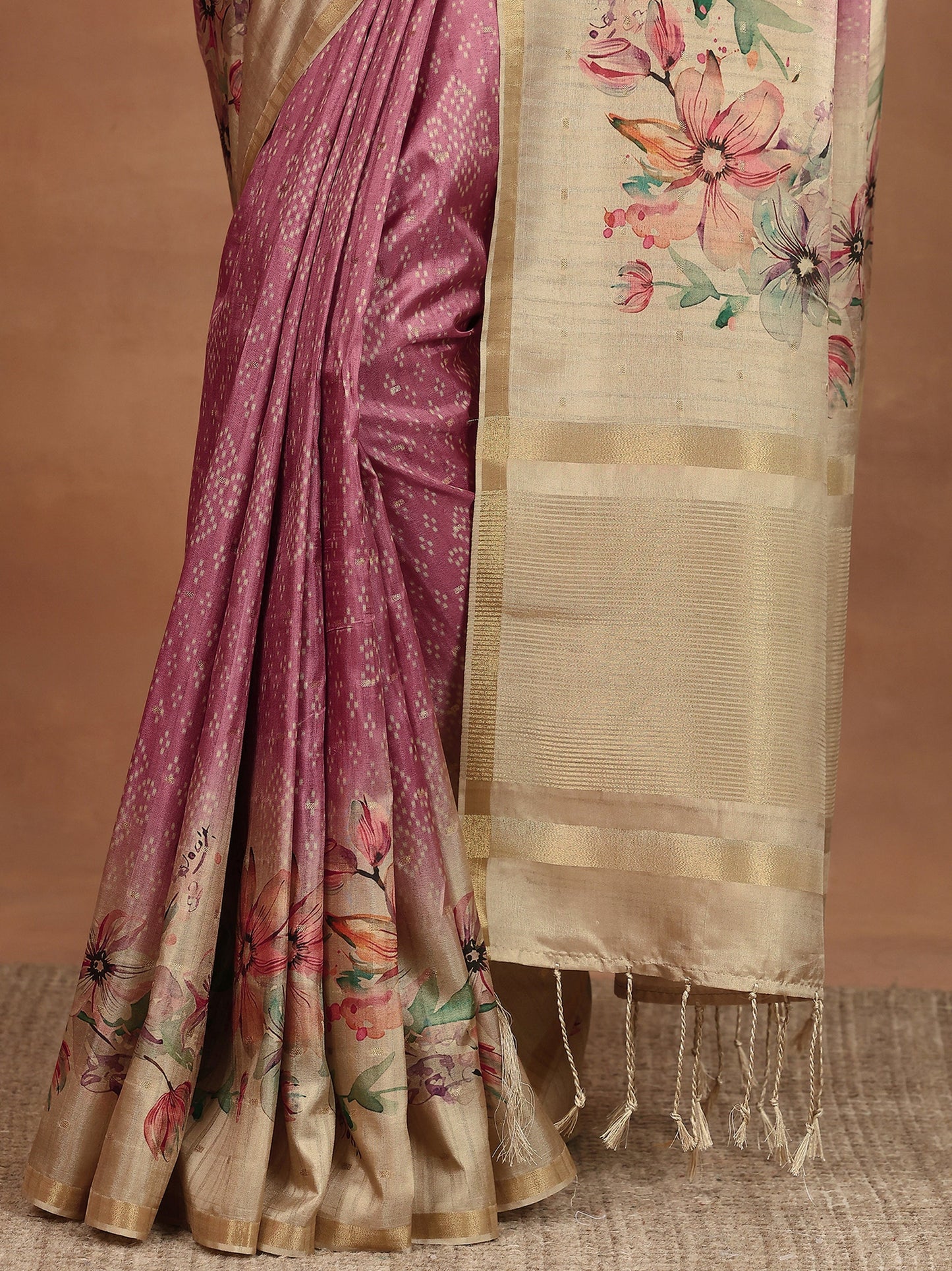 Pink Printed Silk Blend Sarees With Unstitched Blouse Piece