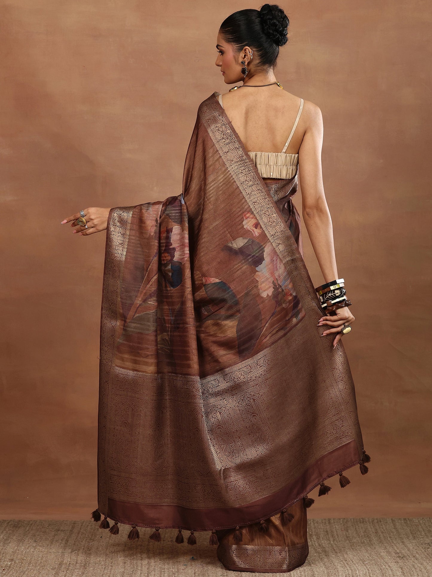 Brown Printed Silk Blend Sarees With Unstitched Blouse Piece