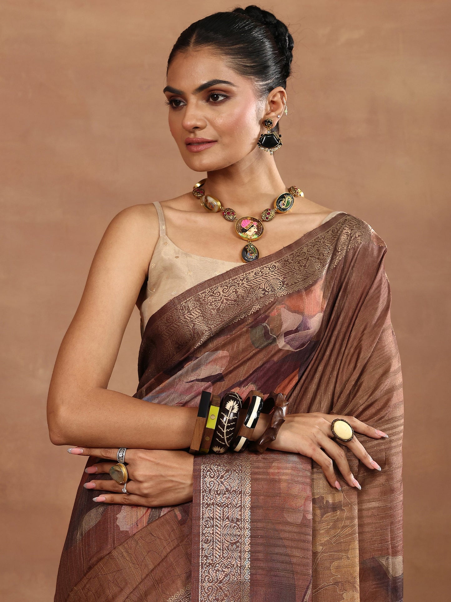 Brown Printed Silk Blend Sarees With Unstitched Blouse Piece