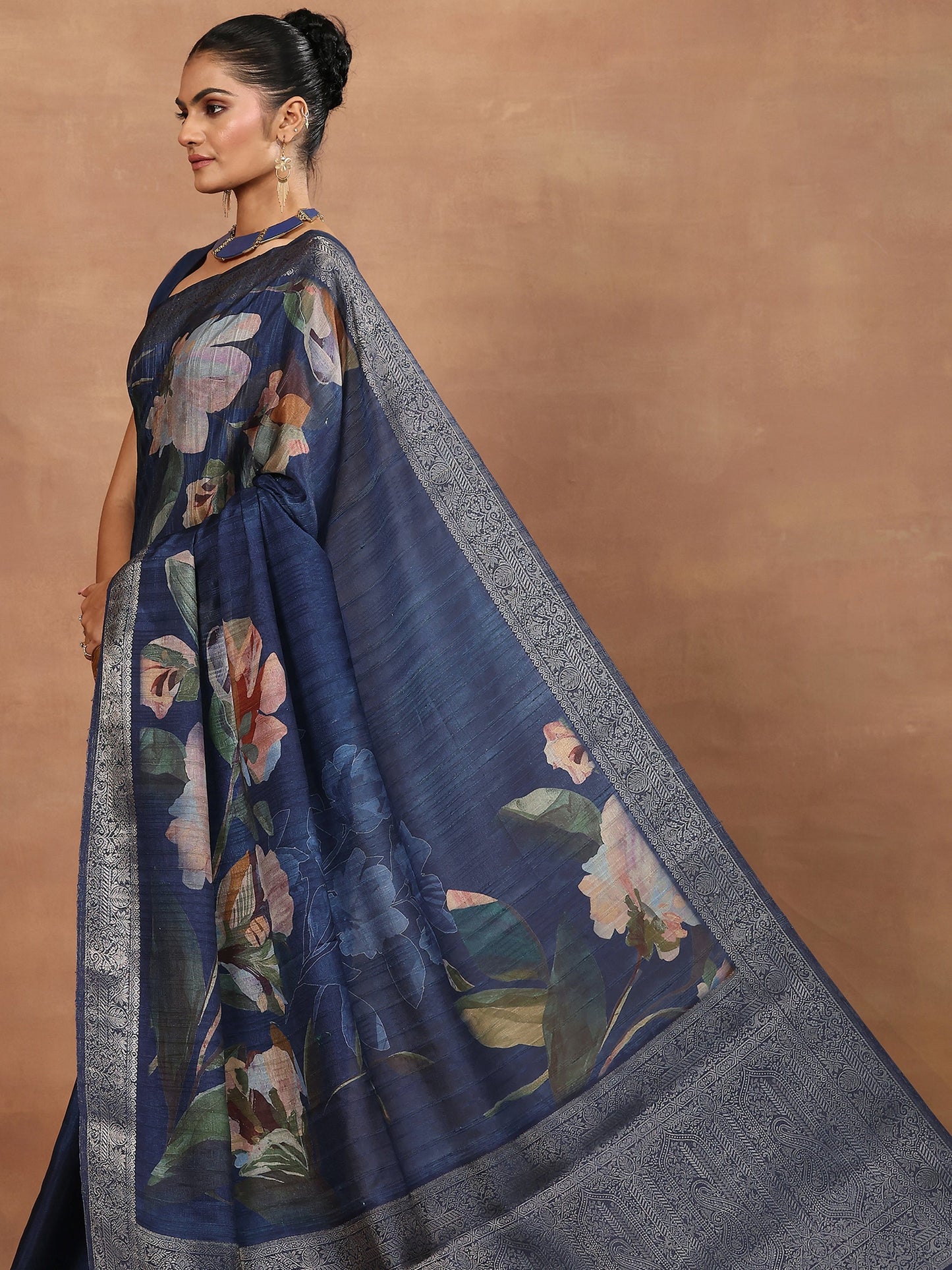 Blue Printed Silk Blend Sarees With Unstitched Blouse Piece