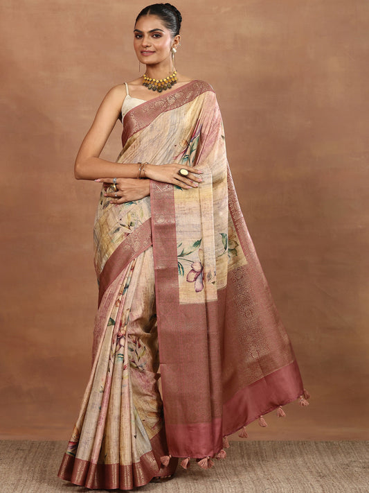 Brown Printed Silk Blend Sarees With Unstitched Blouse Piece