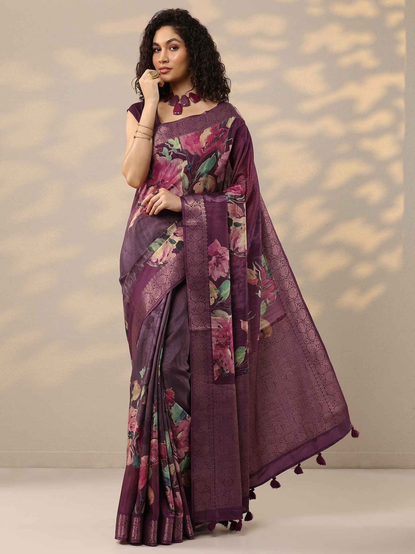 Burgundy Printed Silk Blend Sarees With Unstitched Blouse Piece