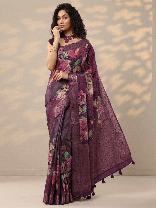 Burgundy Printed Silk Blend Sarees With Unstitched Blouse Piece