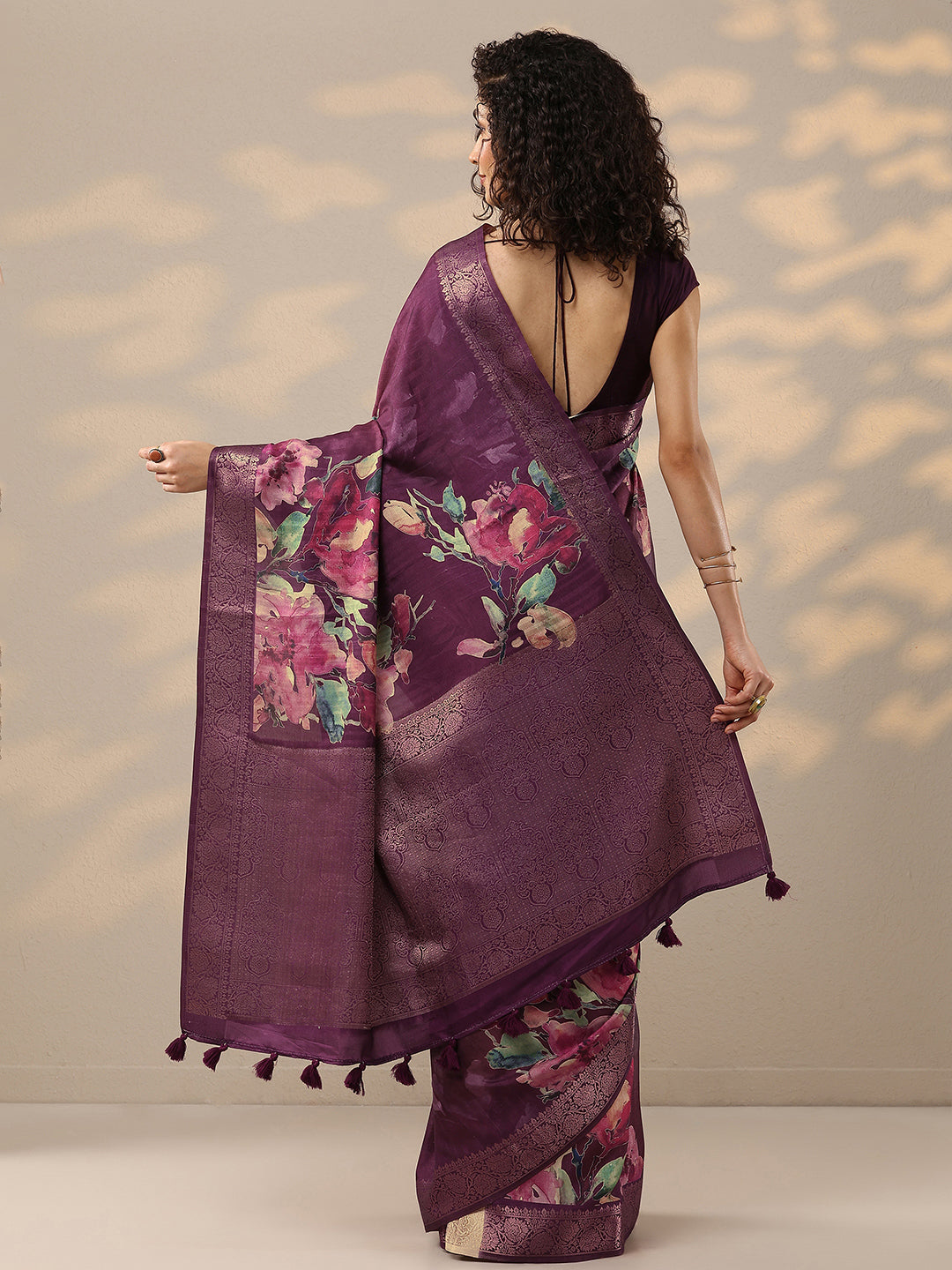 Burgundy Printed Silk Blend Sarees With Unstitched Blouse Piece